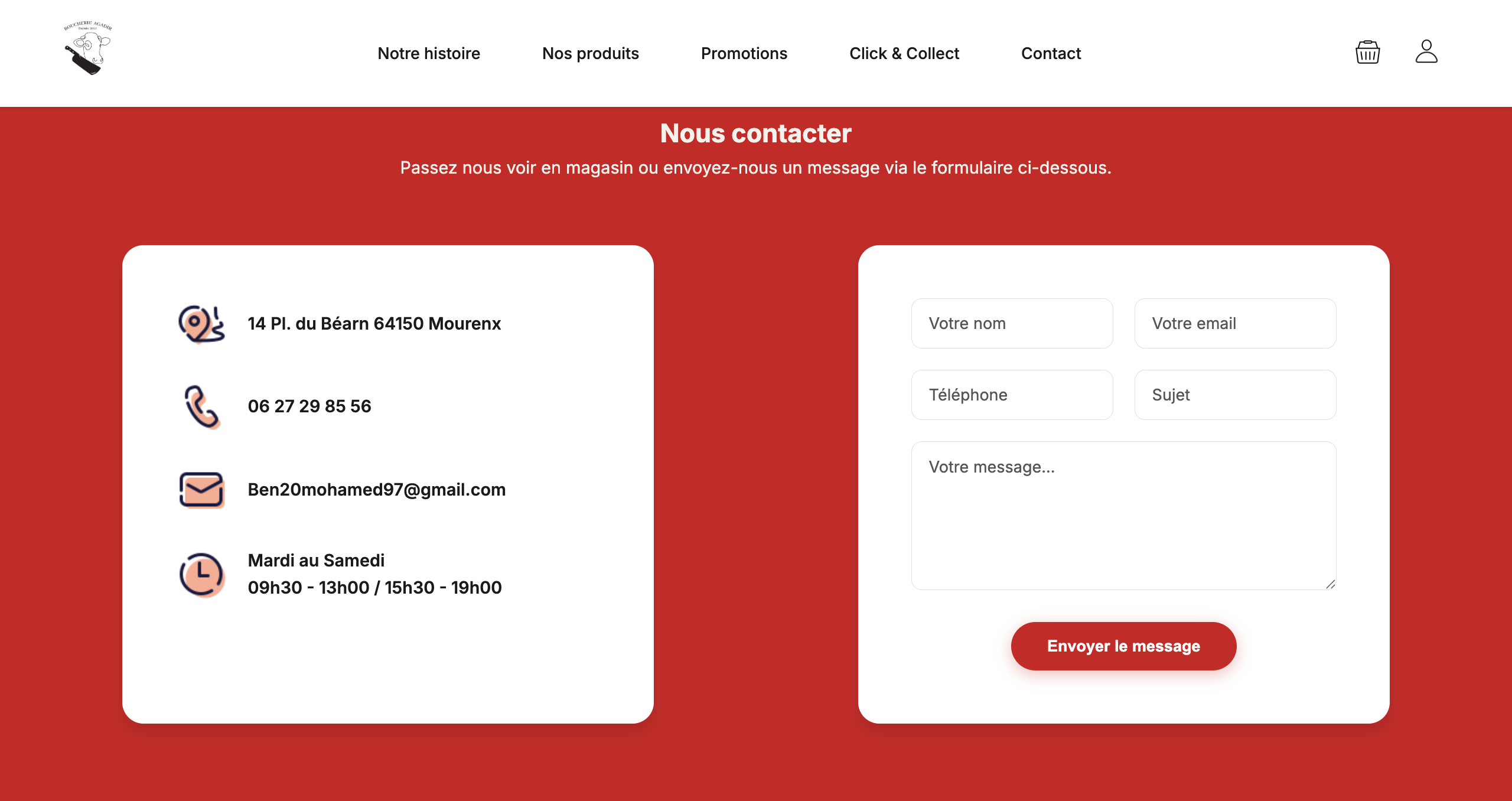 Aperçu de la page contact du site Boucherie Agadir