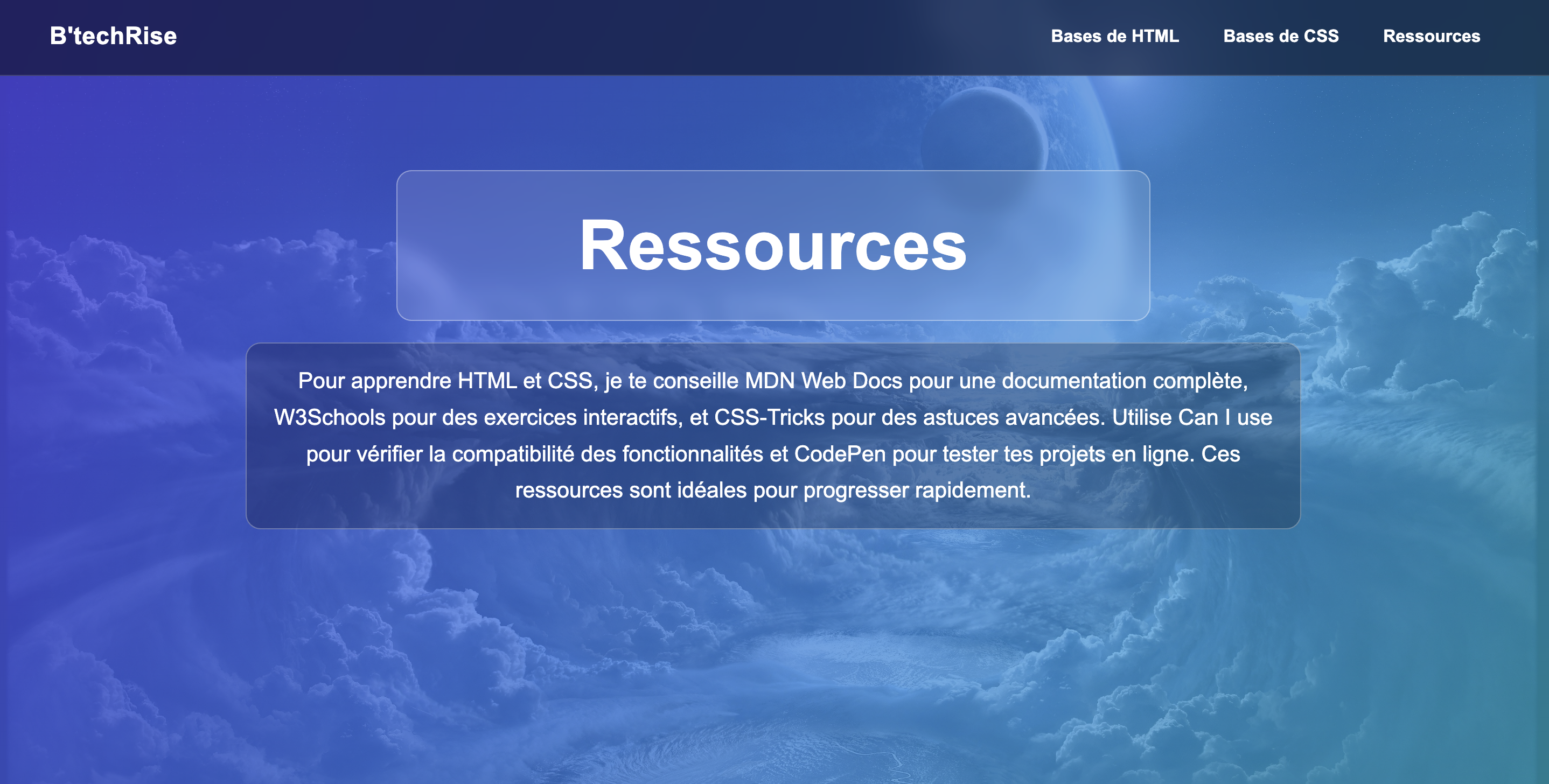 Aperçu de l'interface principale du site vitrine B'Learn