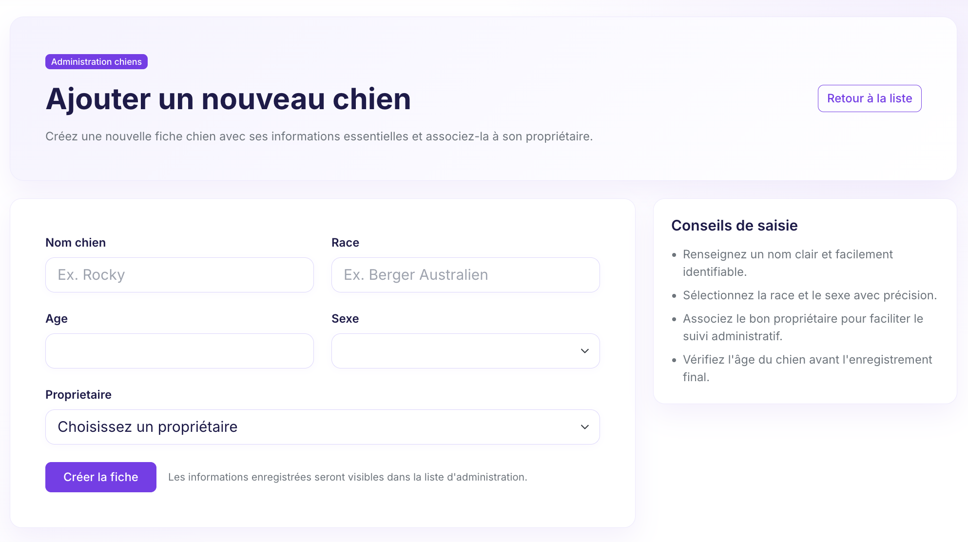 Formulaire ajout chien CanisPro