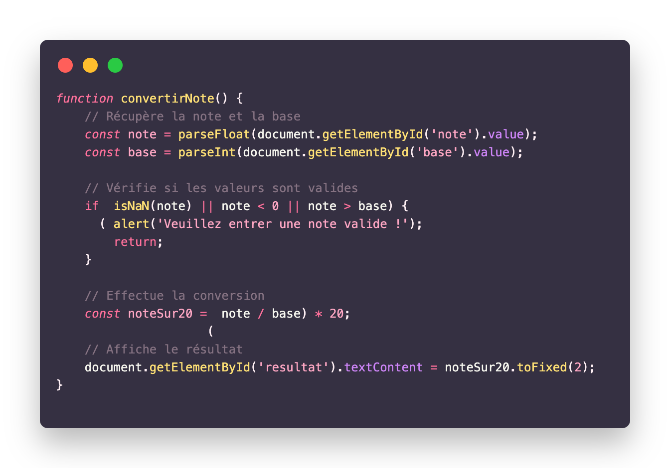 Extrait du code JavaScript du projet Convertisor