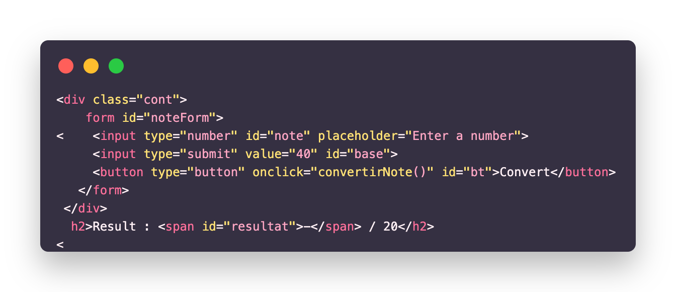 Extrait du code HTML du projet Convertisor