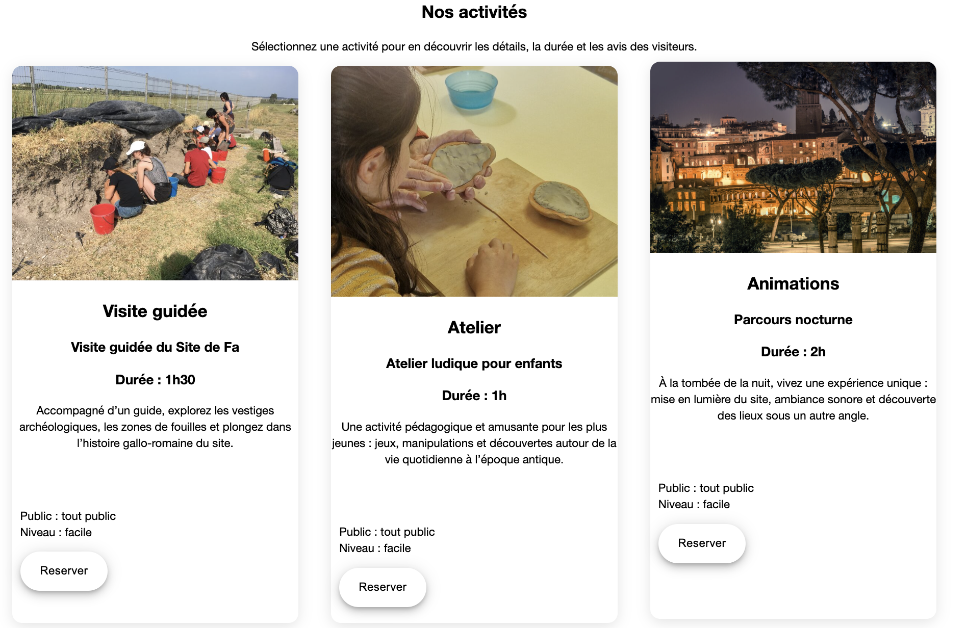 Section activités du projet Musée Fa